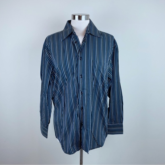 Pronto Uomo Blue Black Stripe Collared Long Sleeve Button Down Shirt Men Medium - Picture 1 of 6